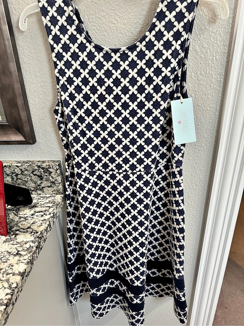 Mauvette Maire Knit Dress Geometric Midi Dress in Blue & White Size Medium NWT